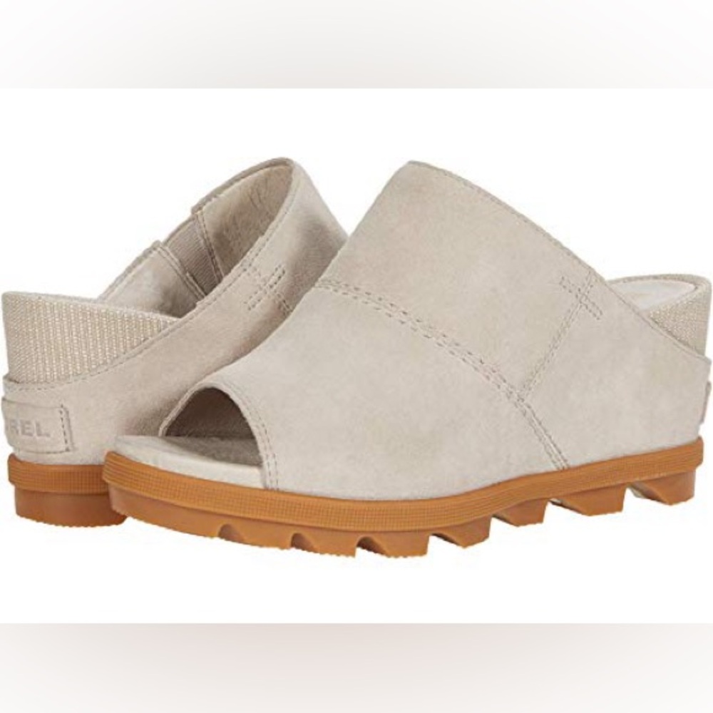 Sorel Light Beige Suede Open-Toe Wedge Mules with Tan Lug Sole